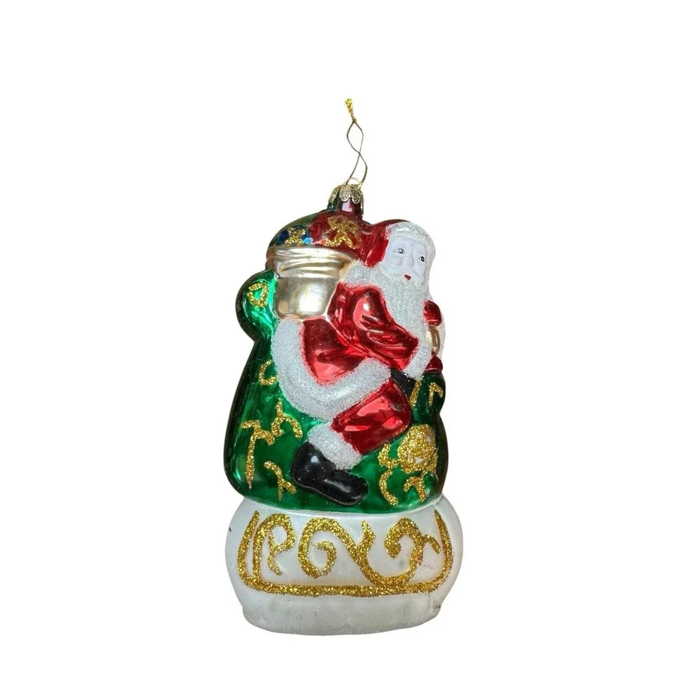 Santa’s Best Blown Glass Ornament Santa In Sleigh With Bag Of Toys 3D Colorful